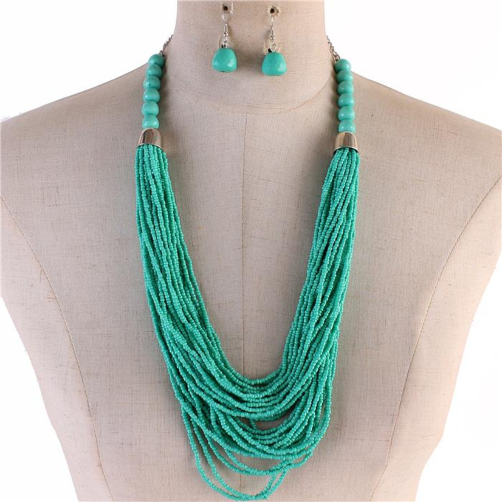 Layered Turquoise Glass Seed Bead Necklace Set